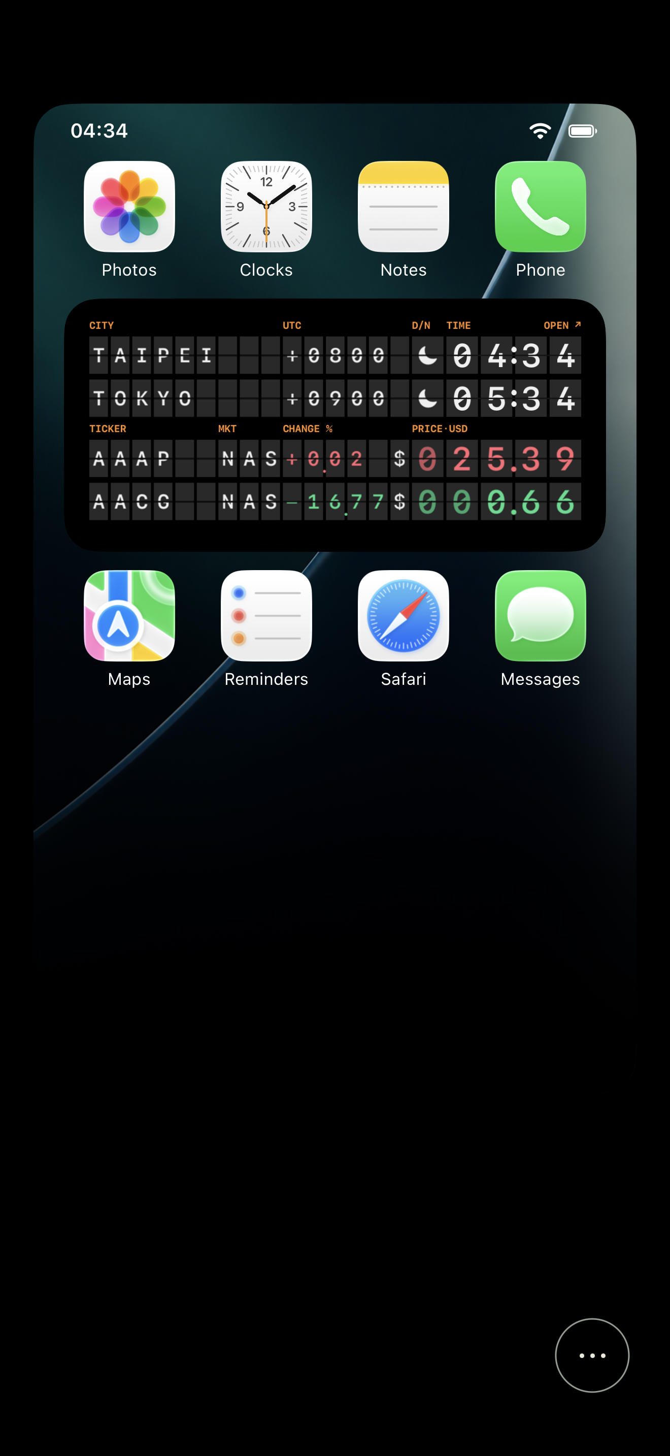 In-app Home Screen widget preview with two city rows and two stock rows