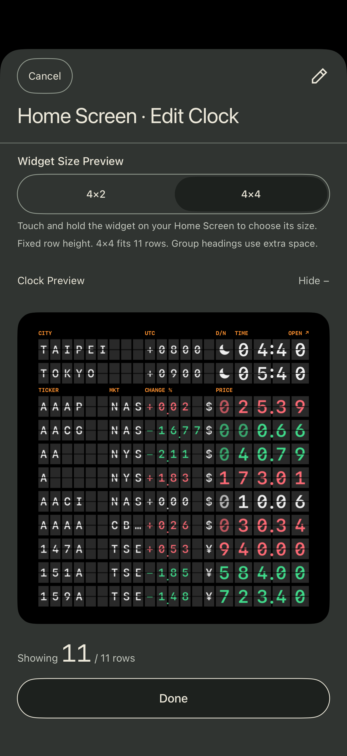 In-app Home Screen editor with 4×2 and 4×4 sizes and a combined city and stock preview