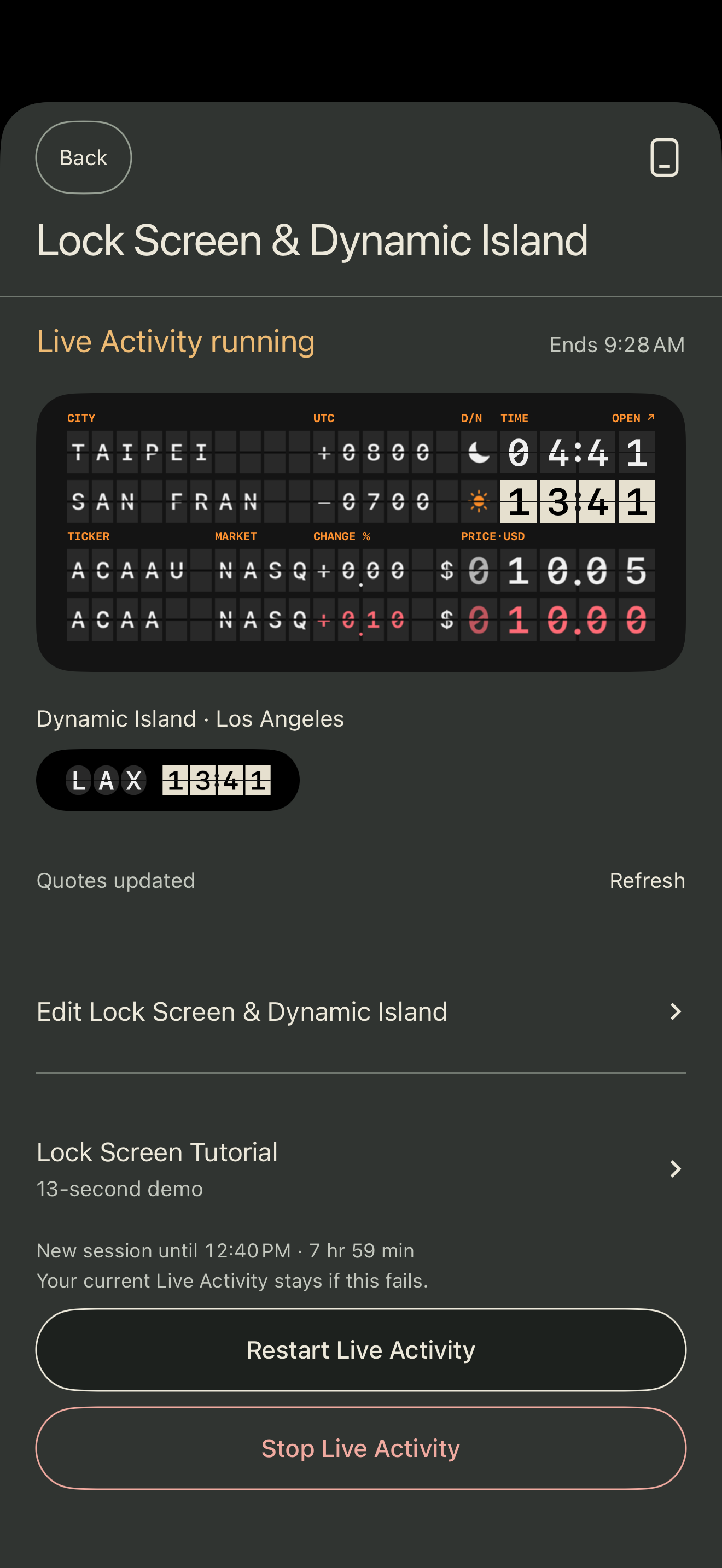 In-app Lock Screen and Dynamic Island status page with city-time previews and restart and stop controls