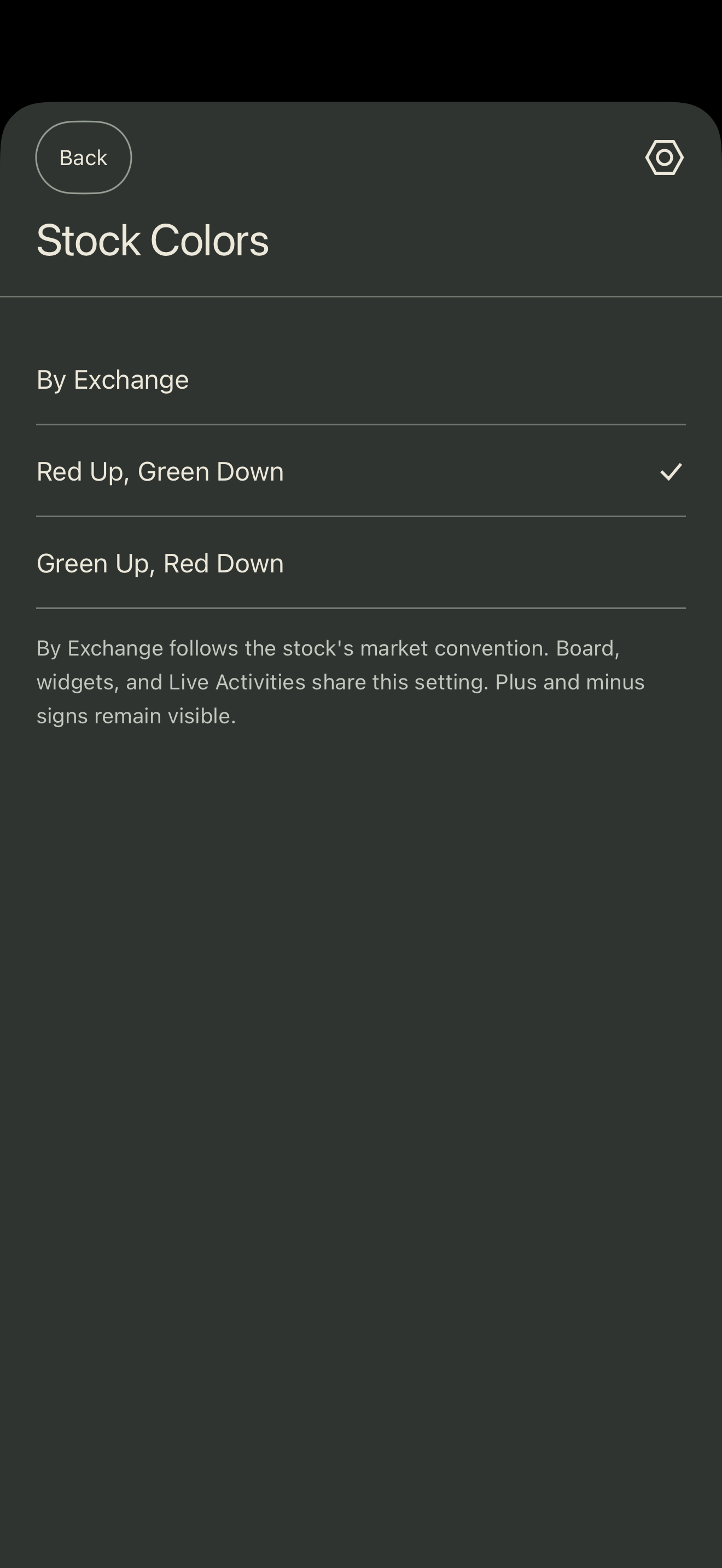 Stock Colors settings offering By Exchange, Red Up Green Down, and Green Up Red Down